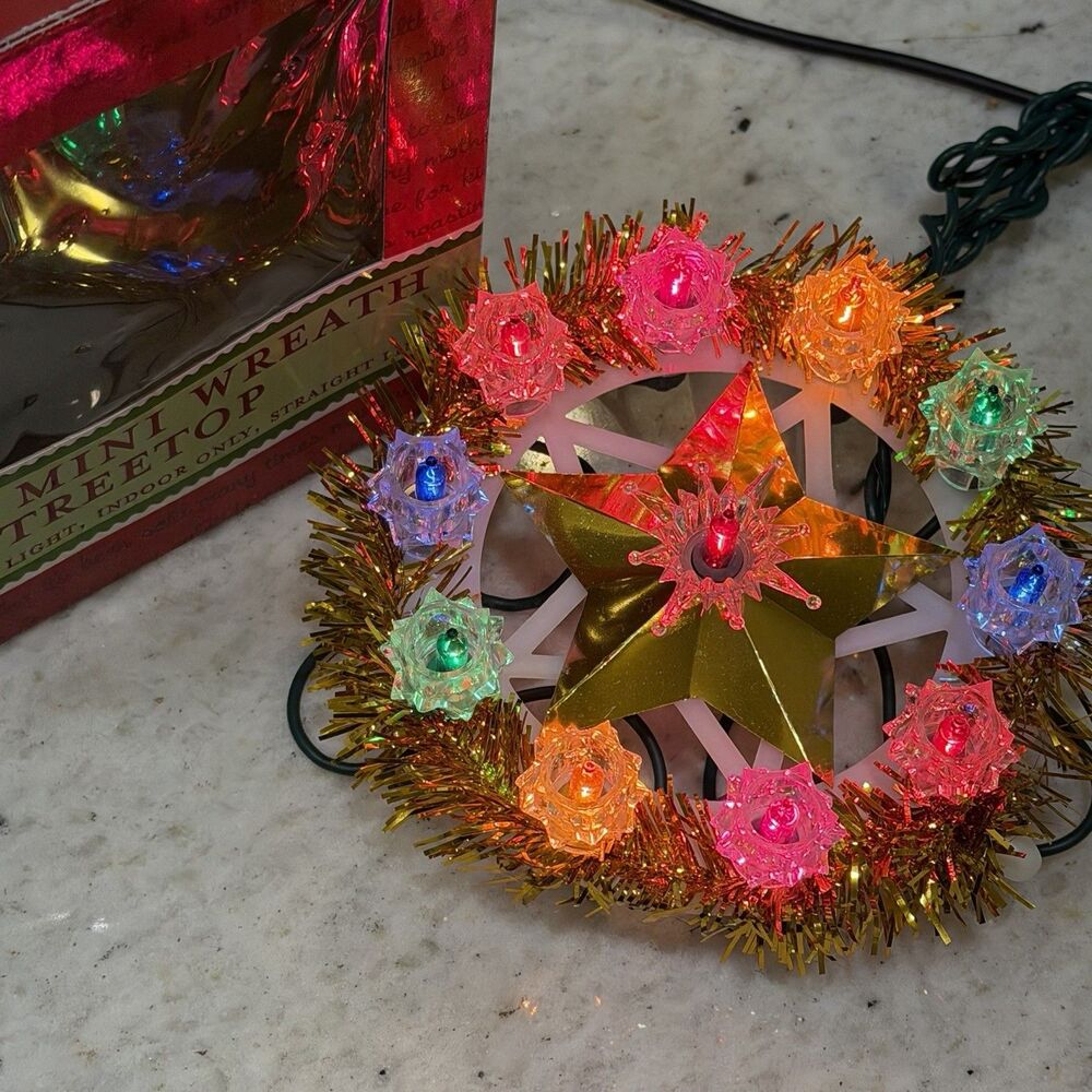 5" Mini Gold Tinsel 11 Multicolor Lights Round Wreath Tree Topper Star Treetop